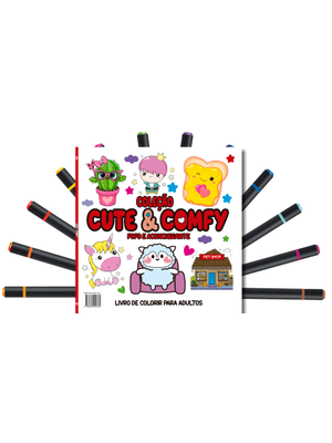 Cute & Comfy Coloring Book For Adults Edição 2 - Bold Easy - Livro de Colorir Adulto + 12 Canetas