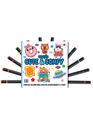 Cute & Comfy Coloring Book For Adults - Fofo e Aconchegante - Livro de Colorir Adulto + 12 Canetas