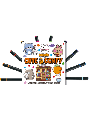 Cute & Comfy Coloring Book For Adults - Fofo e Aconchegante - Livro de Colorir Adulto + 12 Canetas