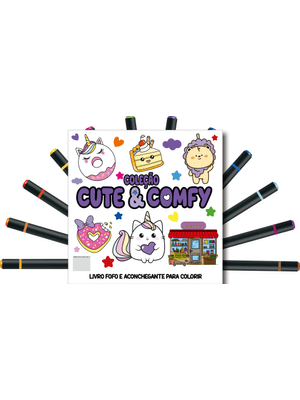 Cute & Comfy Coloring Book For Adults - Fofo e Aconchegante - Livro de Colorir Adulto + 12 Canetas