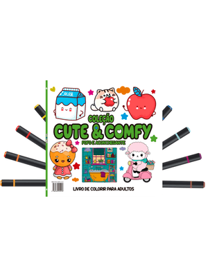 Cute & Comfy Coloring Book For Adults - Fofo e Aconchegante - Livro de Colorir Adulto + 12 Canetas