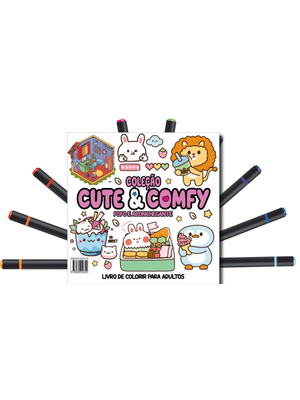Cute & Comfy Coloring Book For Adults - Fofo e Aconchegante - Livro de Colorir Adulto + 12 Canetas